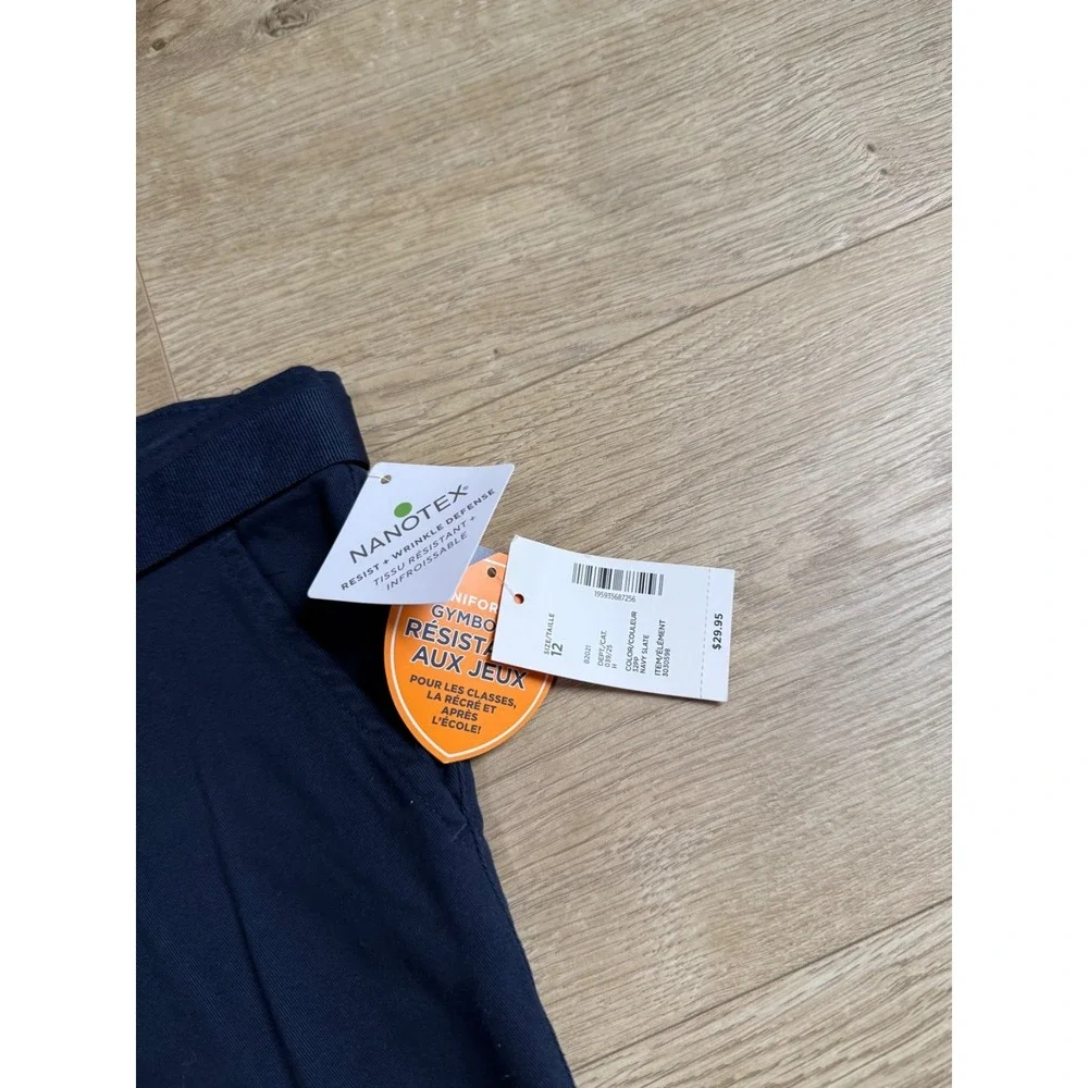 NWT Kid Girls Gymboree nanotex uniform navy blue bow belted chino shorts size 12